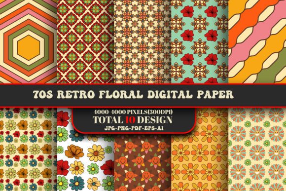 70s Retro Floral Digital Paper Pattan s