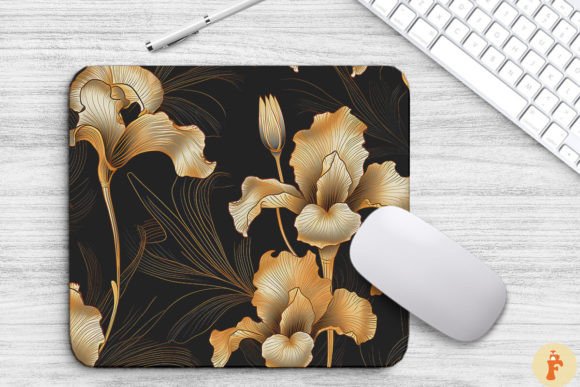Iris Floral Golden Line Art Mouse Pad