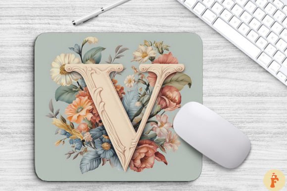 Letter V Floral Monogram Mouse Pad