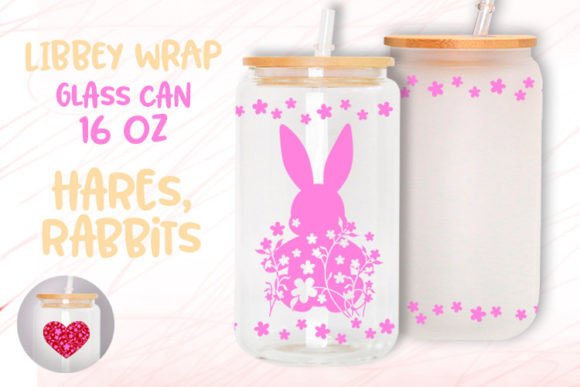 Pink Bunny Floral Border 16 Oz Glass Can