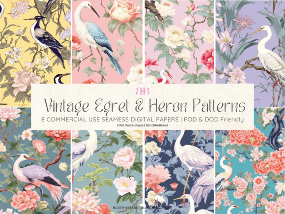 Vintage Egret Floral Seamless Patterns